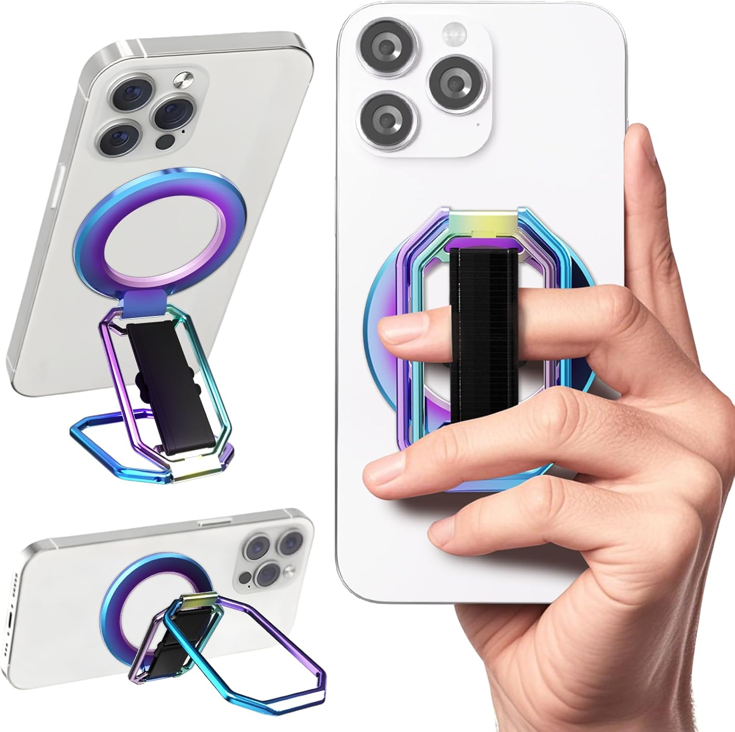 4-in-1 Magnetic Phone Grip Holder for MagSafe with Finger Strap Loop, Removable Phone Ring Holder for iPhone 16 Pro Max 15 14 13 12, Kickstand for Hands-Free Viewing at Home Work Plane - Rainbow