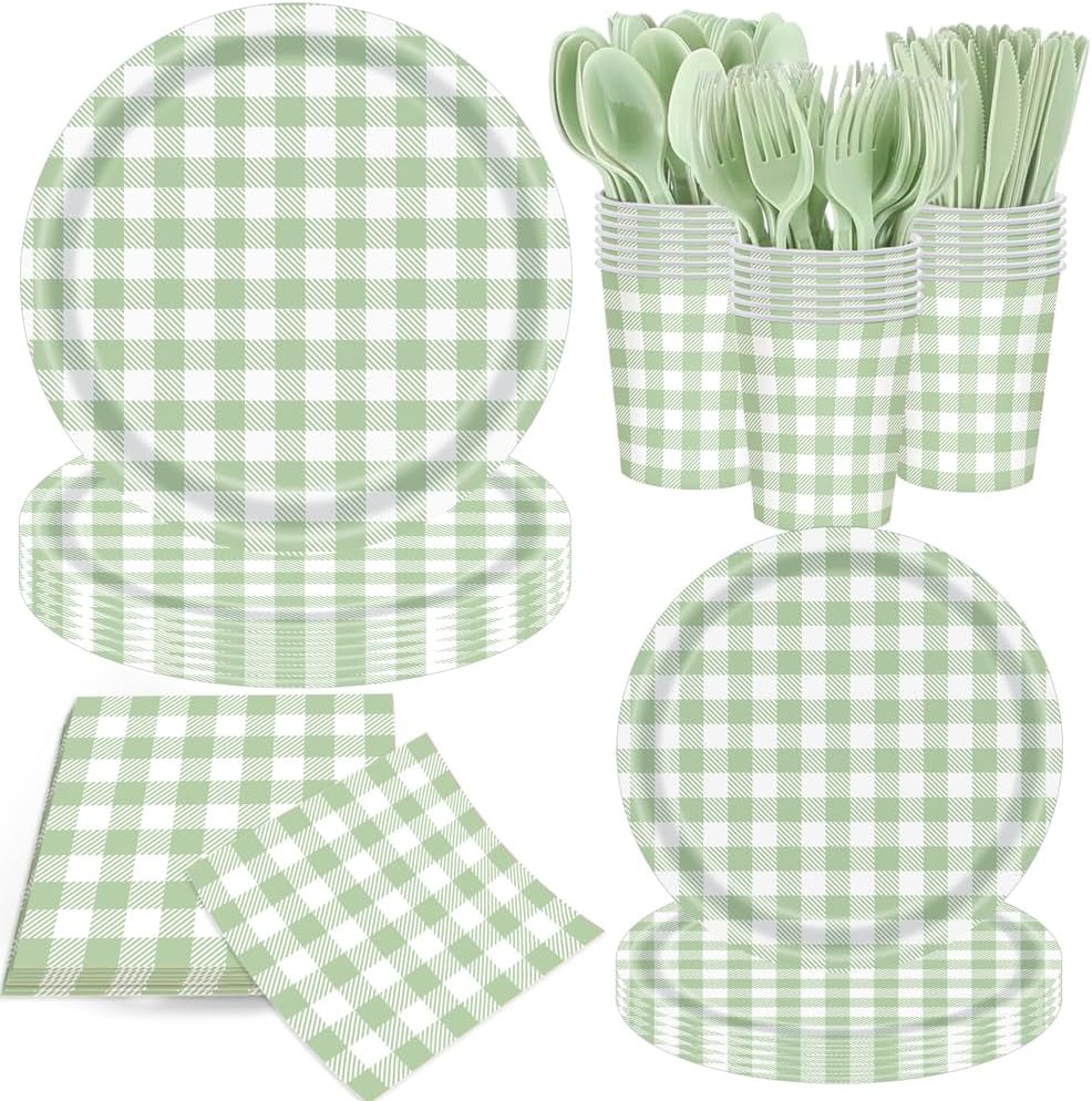 140Pcs Gingham Party Supplies for 20 Guests Thick Paper Plates and Napkins Knives Spoons Forks Cups Disposable Party Set Cutlery for Dinner Baby Shower Wedding Favor (Green)