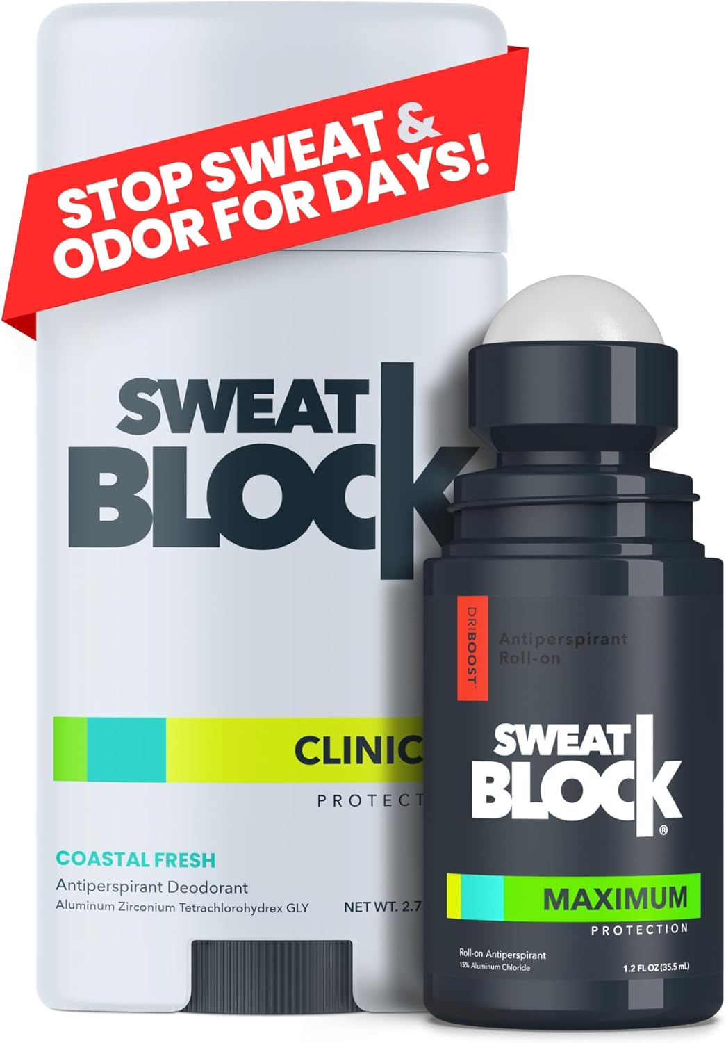SweatBlock Antiperspirant Deodorant Max Clinical System for Men & Women. Treat Hyperhidrosis - Includes: (1) DRIBOOST [PM] Maximum Strength Antiperspirant Roll-on + (1) [AM] Clinical Deodorant