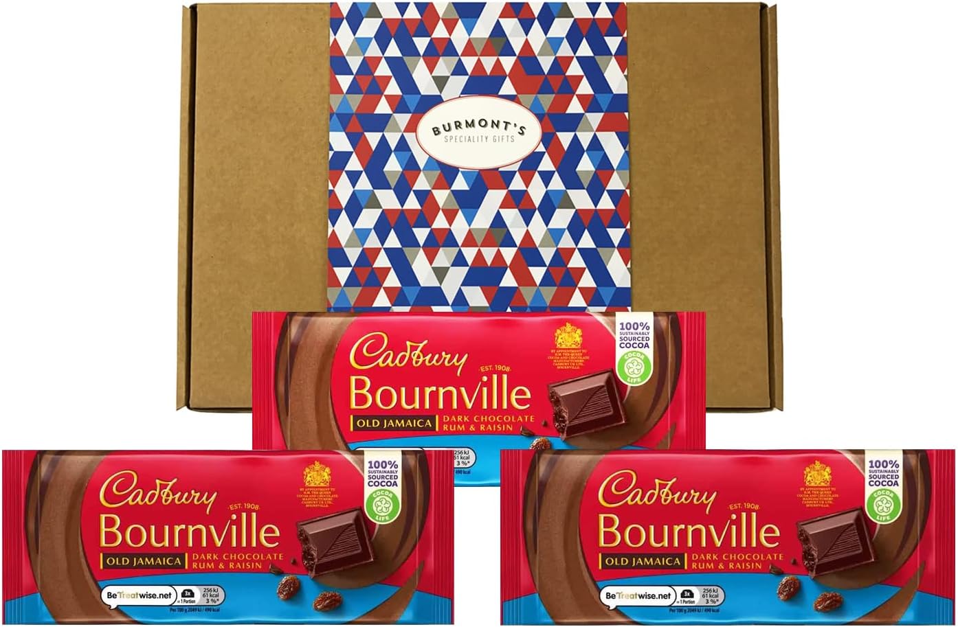 The Bournville Old Jamaica Dark Chocolate Hamper - Bournville Dark Chocolate Rum & Raisin Blocks - Hamper Exclusive To Burmont's