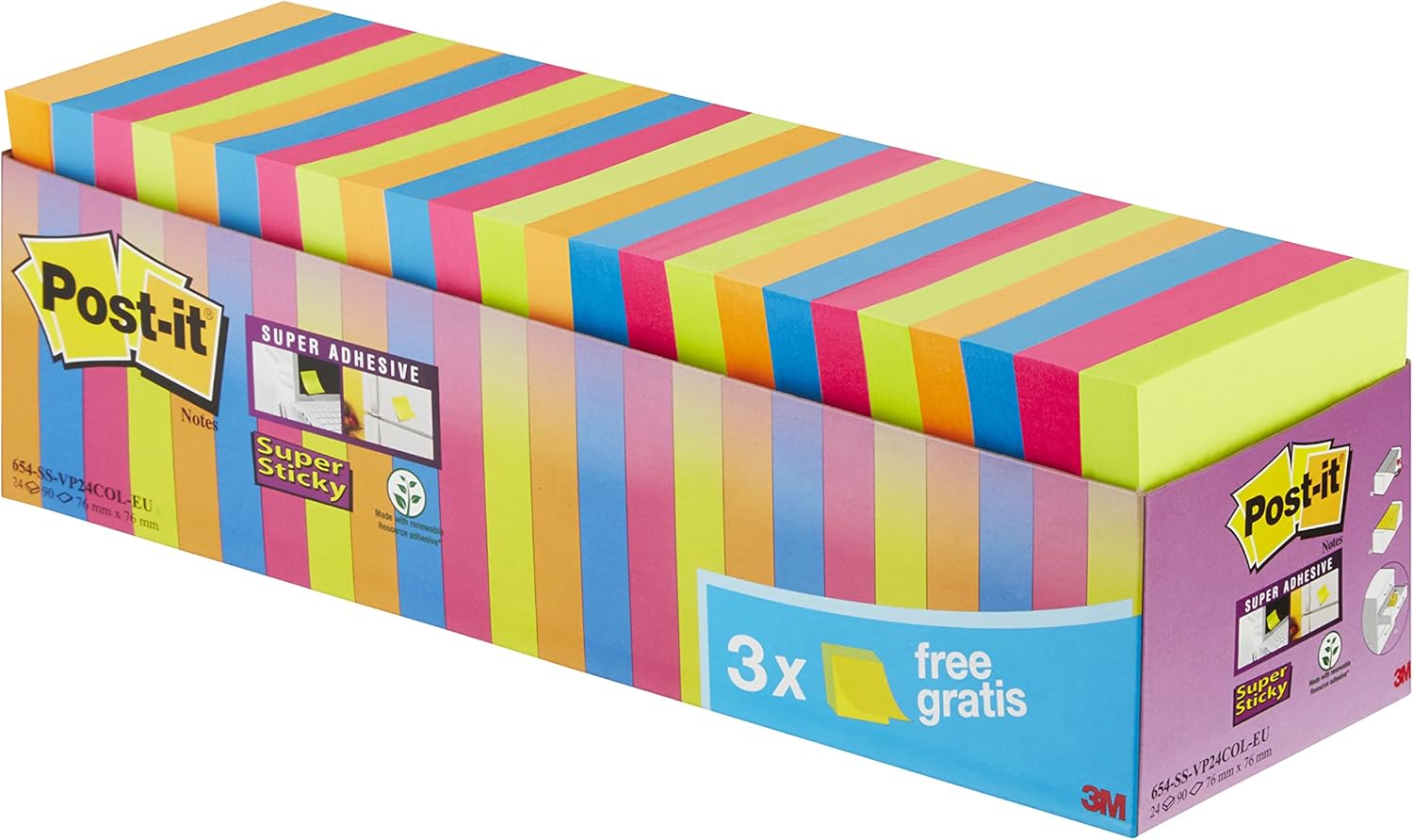 Post-it Super Sticky Notes, Double The Sticking Power, 24 Pads, 2160 Sheets, 76 mm x 76 mm, Green, Pink, Blue, Orange Colors - Self-Sticking Notes for Walls, Monitors and Fridge, Packaging May Vary
