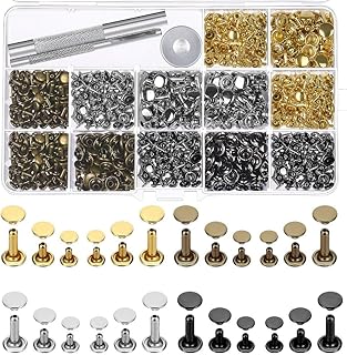 Selizo 480 Sets 4 Colors 3 Sizes Leather Rivets Double Cap Rivet Tubular Metal Studs with 3 Pieces Setting Tool Kit for Leather Craft Repairs Decoration