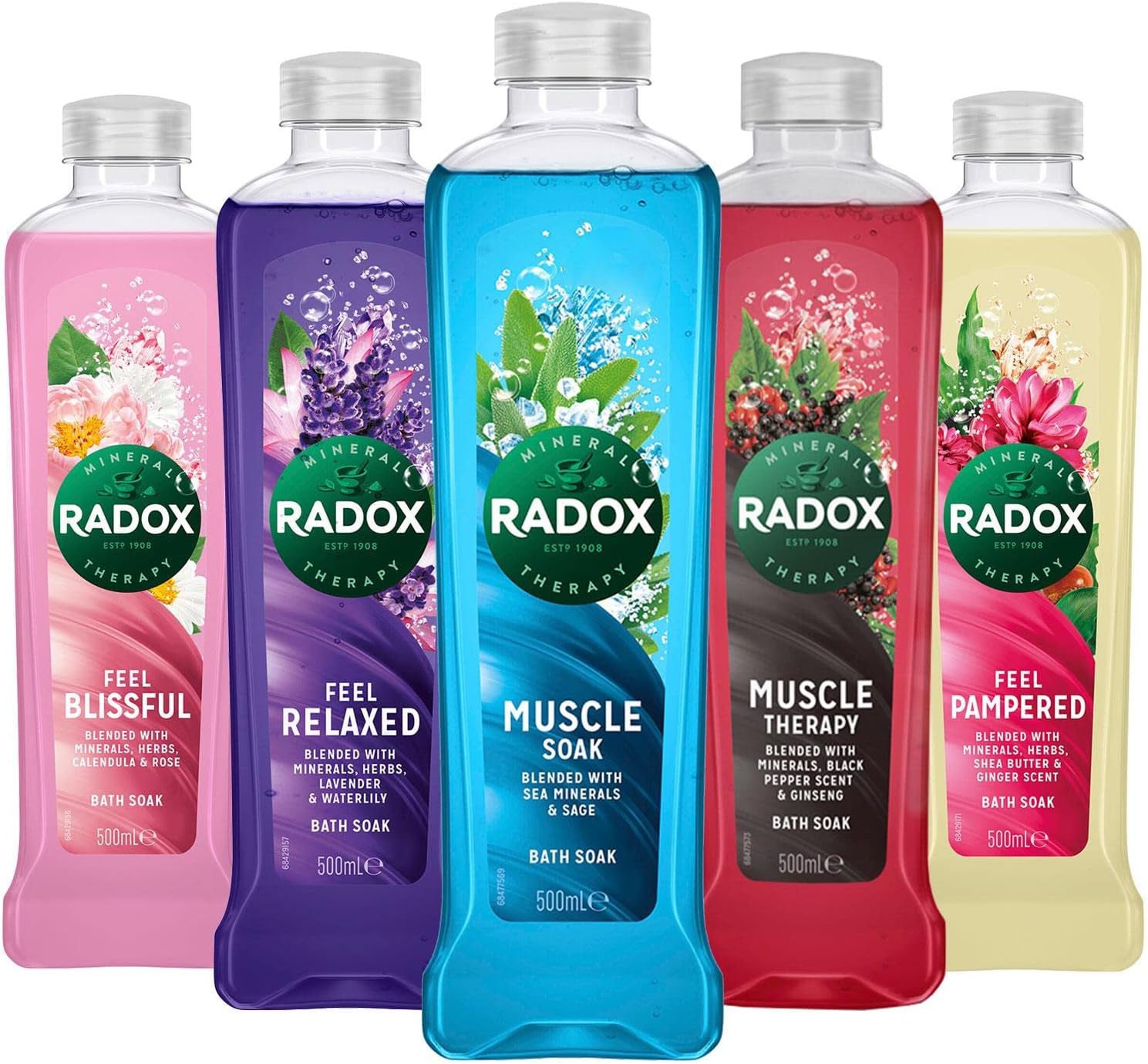Radox Mixed Pack Bath Soak Bubble Bath for Women - Pack of 10 x 500ml Bottles (3 x Muscle Soak, 1 x Muscle Therapy, 2 x Feel Relaxed, 2 x Feel Blissful, 2 x Feel Pampered)