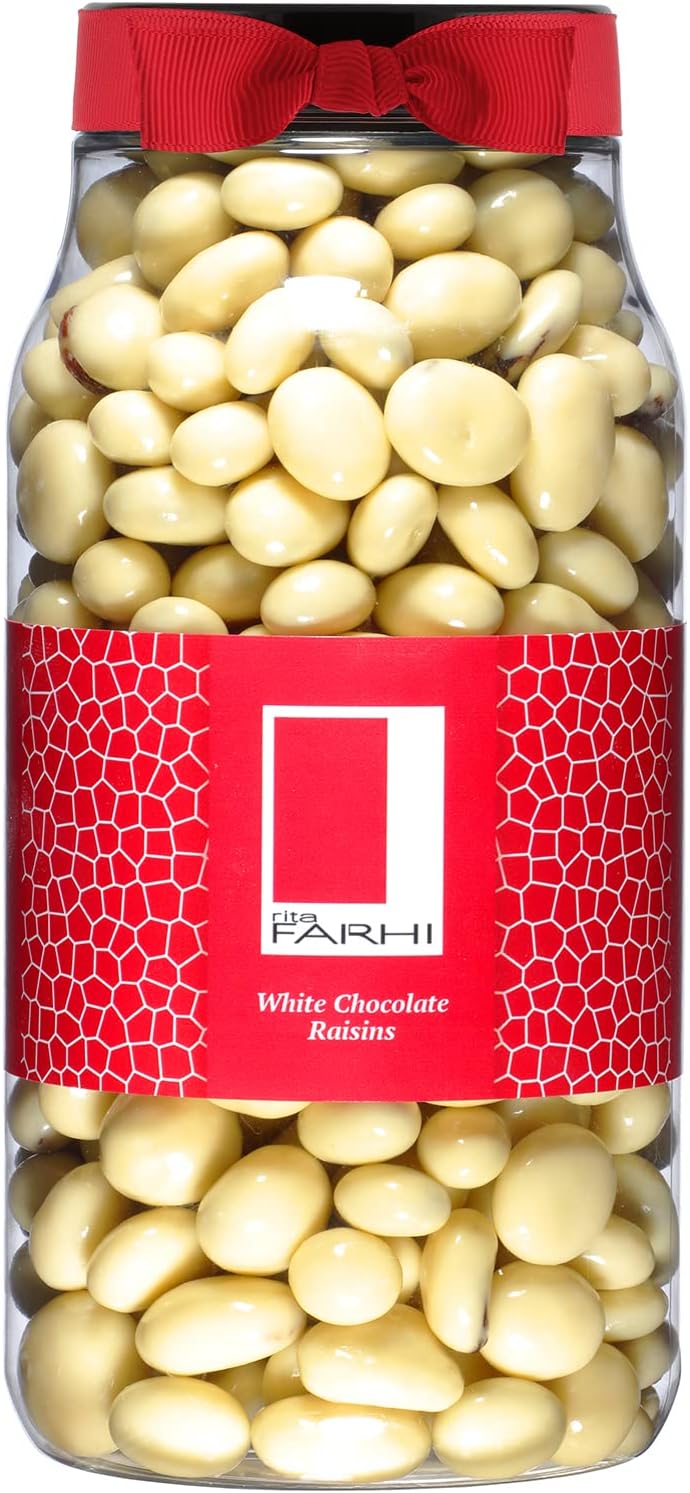 Rita Farhi White Chocolate Covered Raisins in a Gift Jar | Vegetarian and Chocolate Gift - Chocolate Coated Fruit - 870 g - New Palm Oil Free Recipe