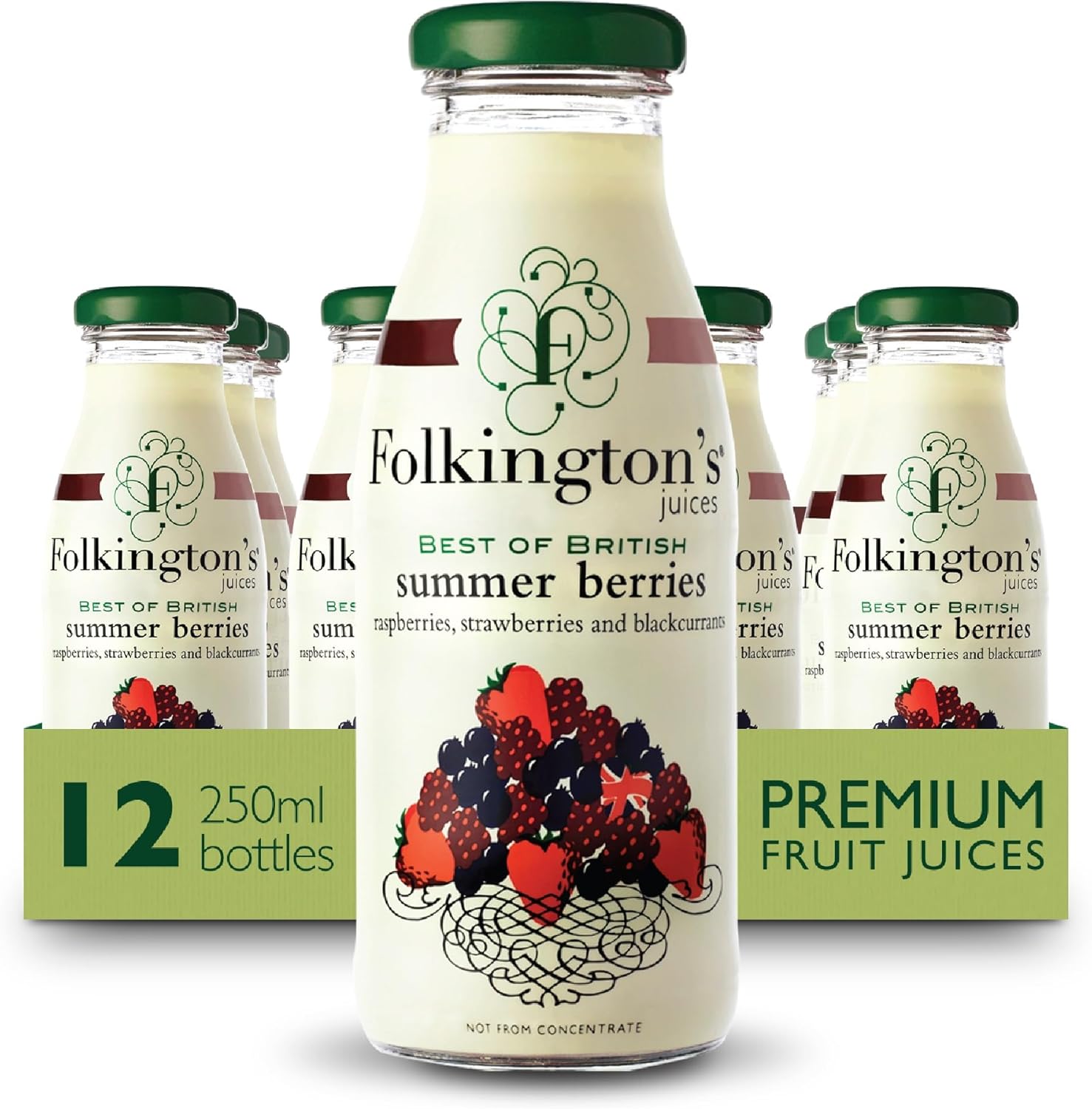 Folkington's Fruit Juice, Summer Berries, 12 Glass Bottles, Raspberries Strawberries Blackcurrants, Multipack 12 x 250 ml