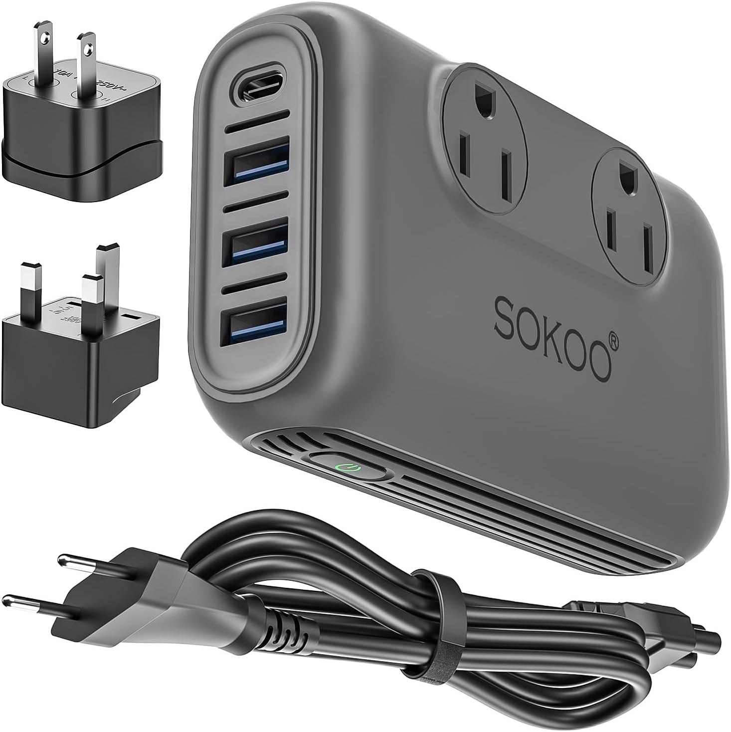 SOKOO 220v to 110v Voltage Converter, International Universal Travel Adapter, 4 USB Ports (1 USB C) Step Down Power Converter Adapter Combo with UK/AU/US/EU Plug
