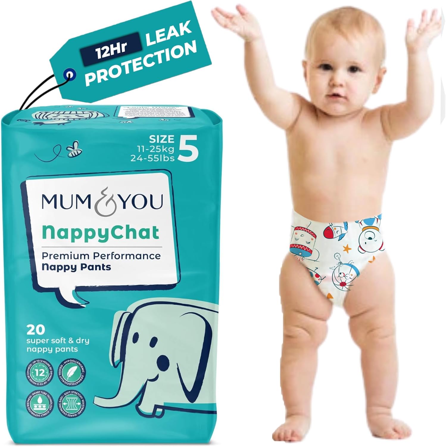 Mum & You Eco Friendly Baby Nappies, Premium Size 5 Nappies (11-25 KG), 20 Count, Dermatologically Tested Nappy with 12-Hr Leak Protection Wet Indicator,Rash-Free Baby Diaper,Day & Night Time Nappies