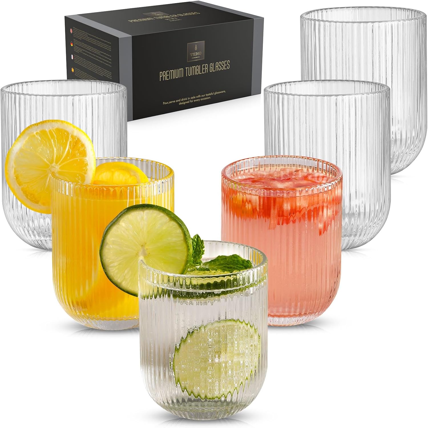 TKNO 6X 260ml Ribbed Tumbler Glasses Water Glasses Gin Juice Cocktail Glasses Drinking Glassware Origami Style Fluted Ripple Beverage Tumblers Set, Ideal for Home, Restaurant, Events & Parties