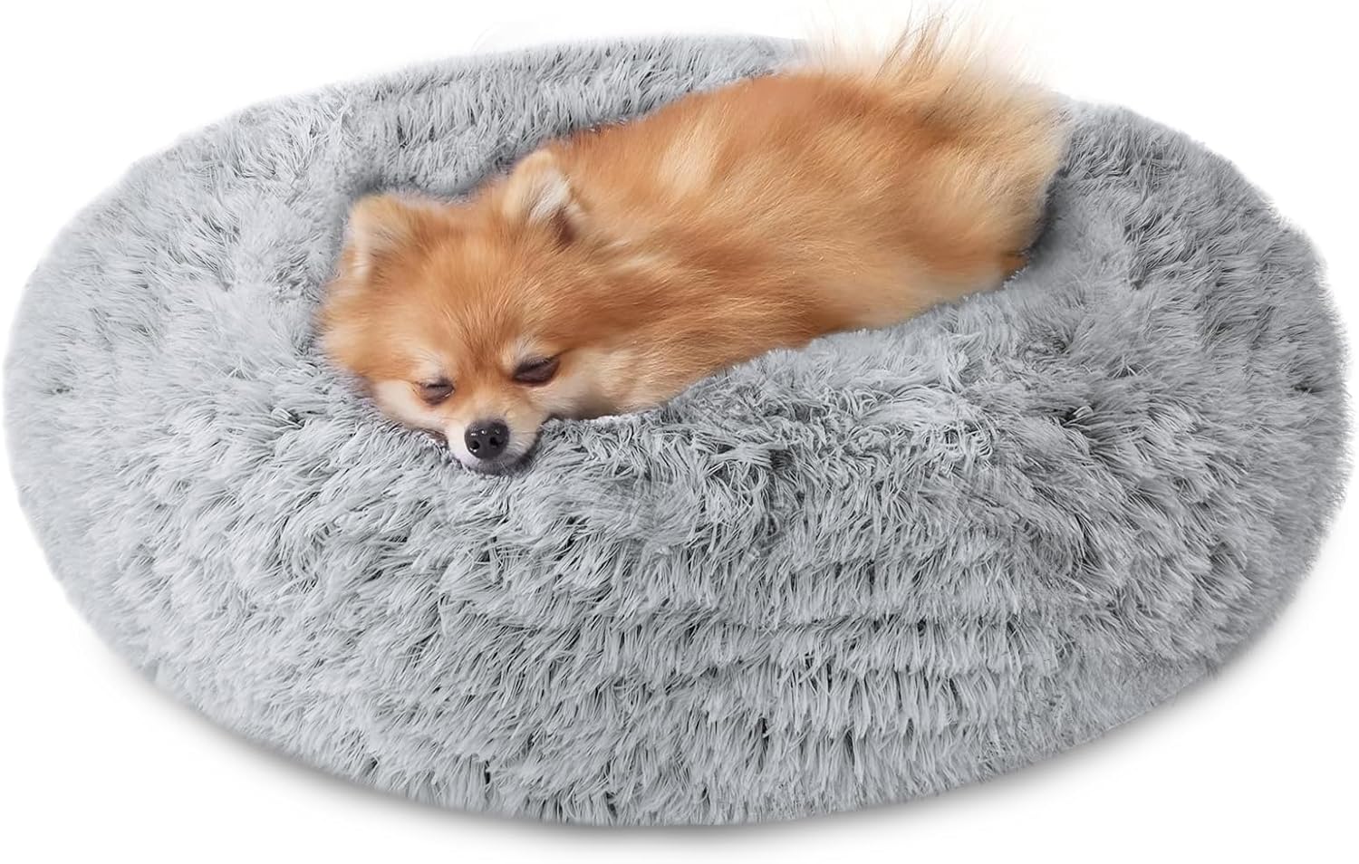 JOLLYVOGUE Small Dog & Cat Beds for Indoor Cats, Donut Cuddler Warming Soft Dog Beds with Anti-Slip Bottom, Round Calming Fluffy Plush Faux Fur Cushion Bed for Small Medium Dogs (20", Smoke Grey)