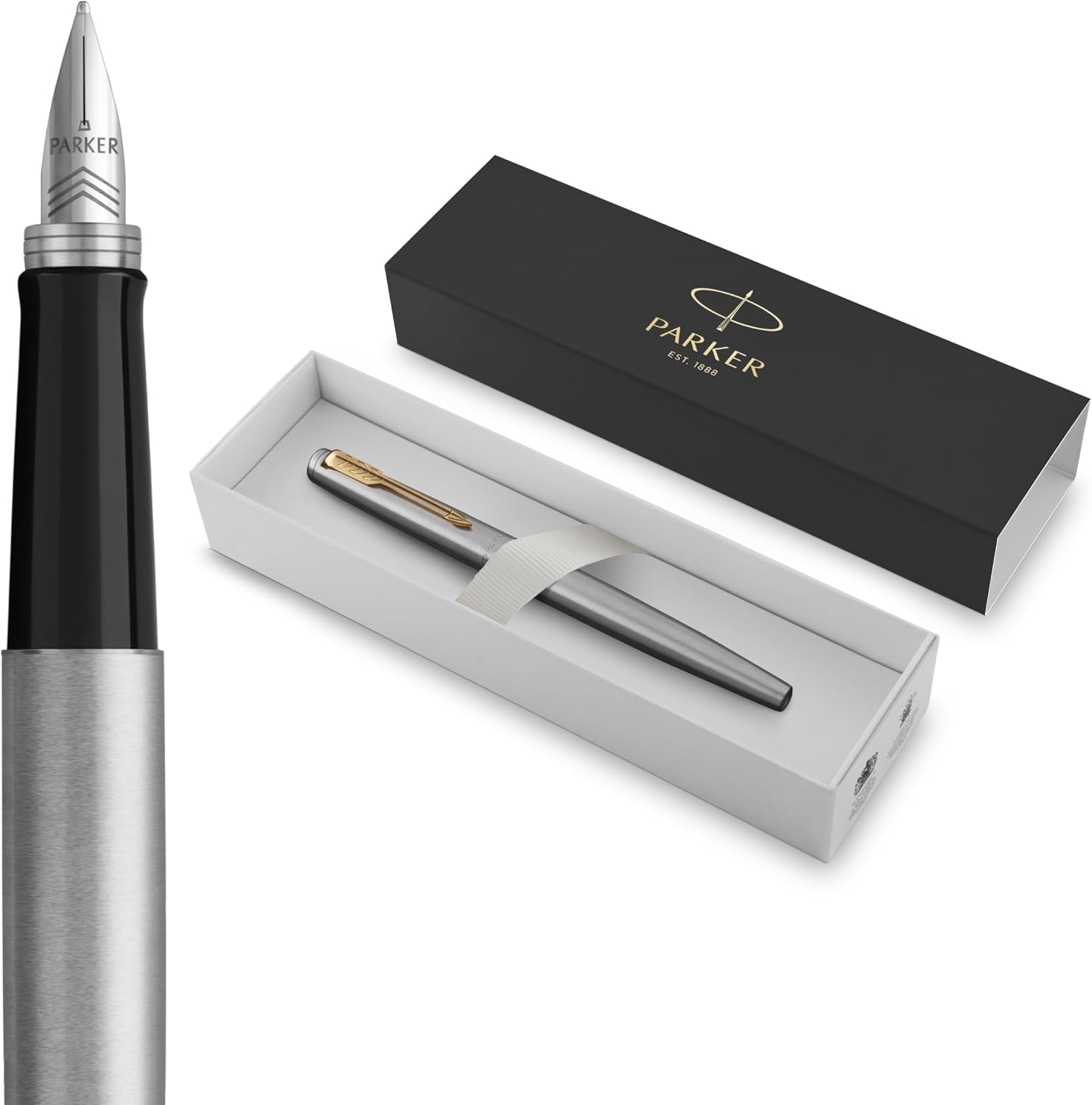 Parker Jotter Fountain Pen | Stainless Steel with Gold Trim | Medium Nib Blue Ink | Includes Gift Box