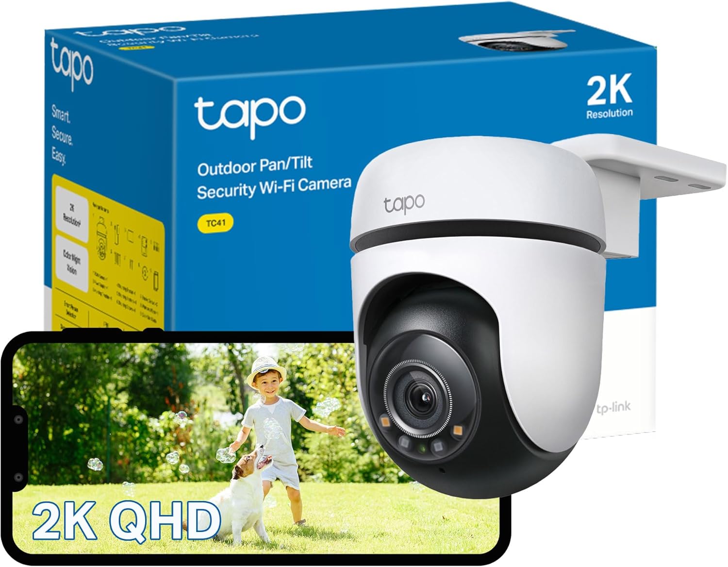 Tapo TC41 2K Pan/Tilt Outdoor Security Camera, WiFi Camera, 360° Smart Person Detection Motion Tracking, Full-Colour Night Vision, No Monthly Fee, Two-Way Talk, IP65, Works with Alexa & Google