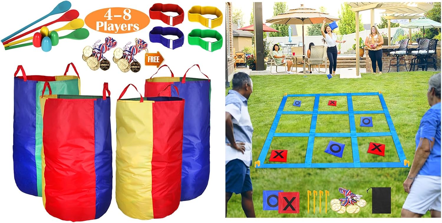 CWLAKON Giant Tic Tac Toe Bean Bag Toss Games, Potato Sack Race Bags, Egg Spoon Relay, 3 Legged Race Bands, Lawn Yard Backyard Carnival Field Day Game for Kids & Adults