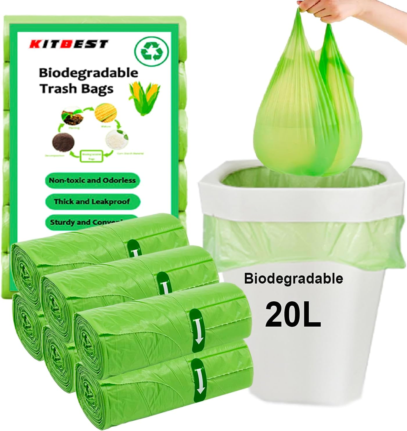 Biodegradable Bin Bags Liners 120PCS, 20L Small Food Waste Bags Trash Bags with Handle, KITBEST Green Caddy Liner Pedal, Compostable Swing Garbage Bags Bathroom Office Toilet Kitchen (51x63cm)