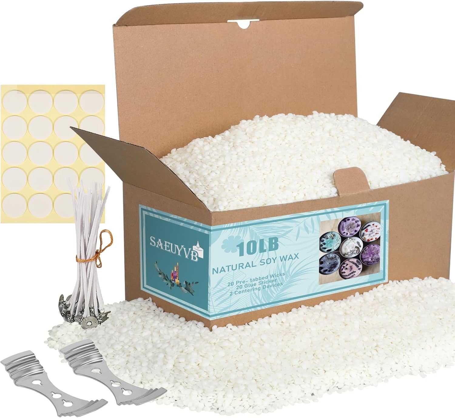SAEUYVB Natural Soy Candle Wax for Candle Making, 10lb Bag, Premium Granular Soy Wax, 20 Cotton Candle Wicks, 20 Wick Stickers and 2 Centering Devices-Perfect as Christmas Home Decoration