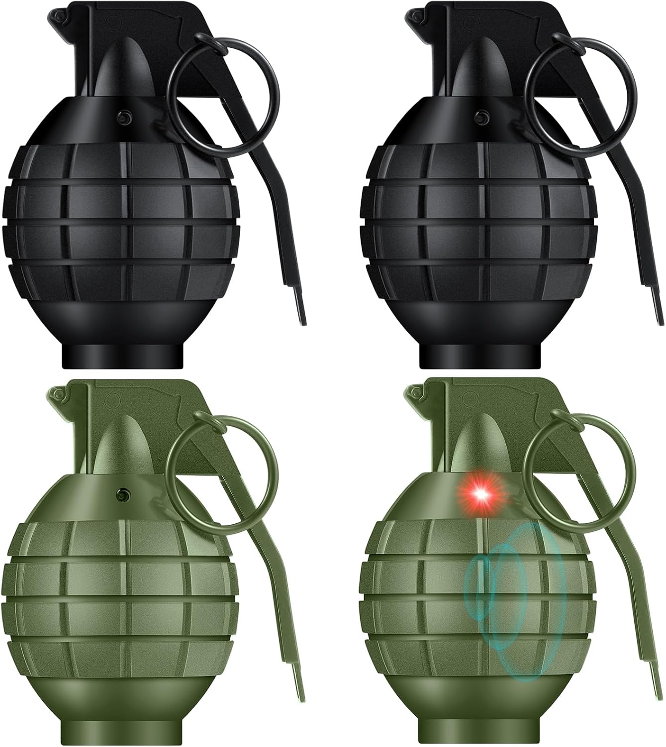 Sratte 4 Pcs Plastic Hand Grenades with Realistic Sound Effects and Flashing Light, Fake Toy Grenades Military Toys for Army Role Play Prop(Green, Black)