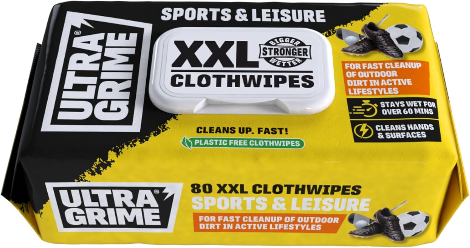 UltraGrime Sports & Leisure XXL Biodegradable Clothwipes - 80 Thick Multi Purpose Cleaning Cloths - Multi Surface Cleaner for Sports Equipment, Hands, Trainers, Football Boots, Golf Equipment Cleaning