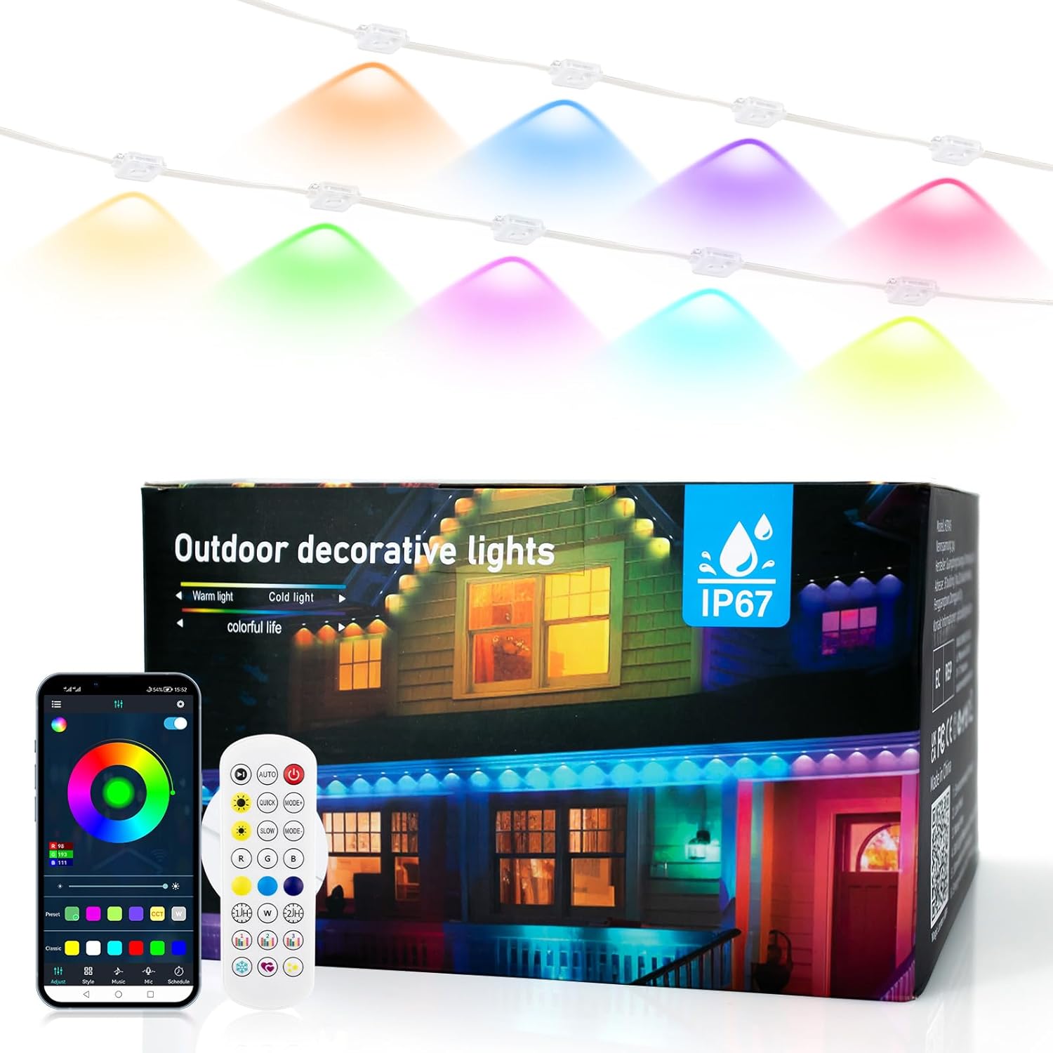 Permanent Outdoor Lights 30M, Smart RGBIC Eaves Lights 60 LED, Outdoor Lighting Color Changing, Multiple Modes, APP & Remote Control, LED Strip Wall Lights Waterproof for Eaves, Garden, Party Decor