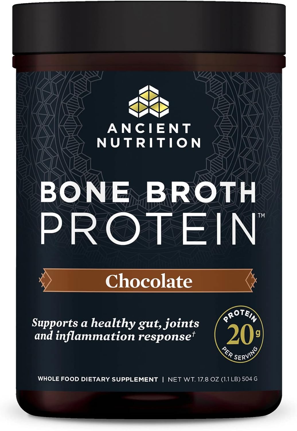Ancient Nutrition Protein Powder Made from Real Bone Broth, Chocolate, 20g Protein Per Serving, 20 Serving Tub, Gluten Free Hydrolyzed Collagen Peptides Supplement, Great in Protein Shakes