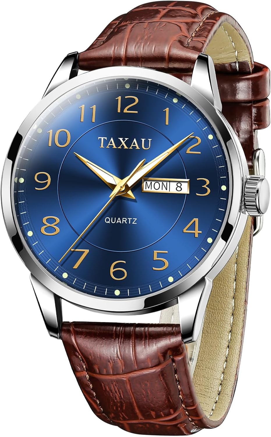 Mens Watches Leather Strap - Big Face Analog Quartz Dress Watch with Day Date - Waterproof Wrist Lether Watch for Men