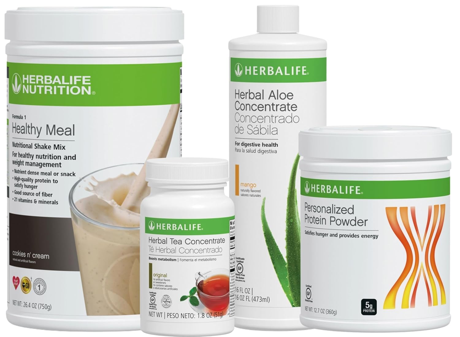 HERBALIFE NUTRITION Formula 1 Four Combo (Cookeis N' Cream 750g) Healthy Nutritional Shake Mix-Herbal Aloe Concentrate Pint 473ml-Personalized Protein Powder 360g and Herbal Tea Concentrate 51g