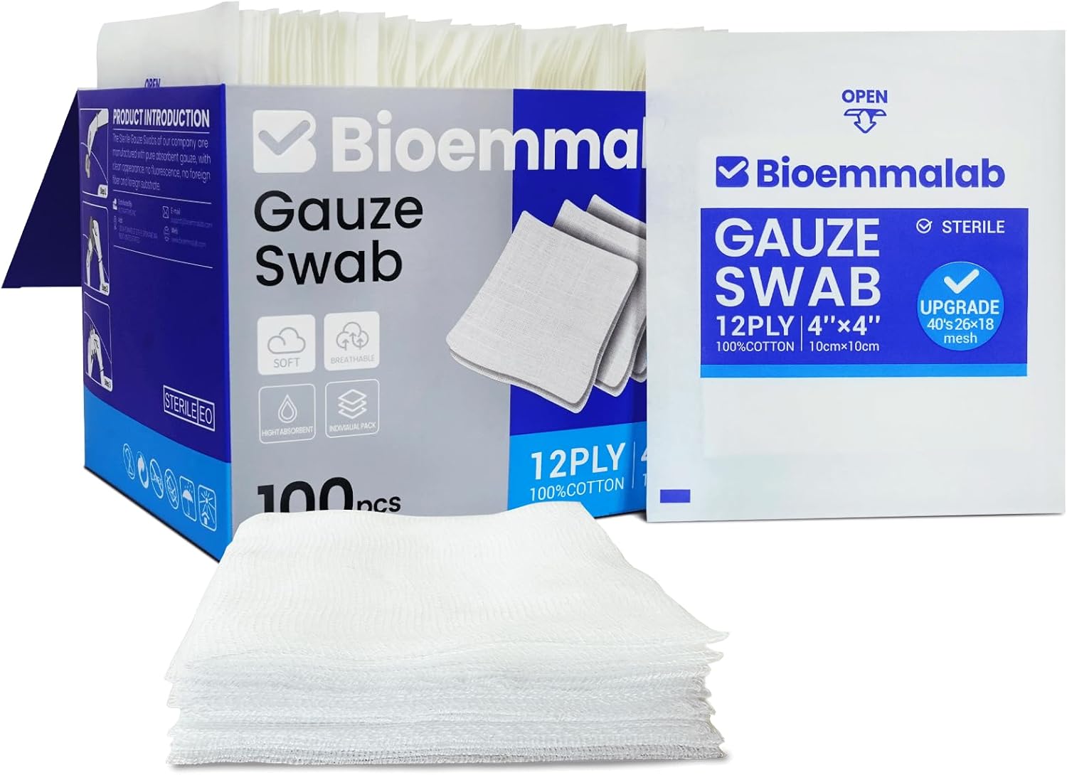 Sterile 4x4 Non Stick Gauze Pads for Medical Wounds Bulk Pack of 100 Large Squares, 12-Ply Thick Soft Cotton Woven First Aid Bandage Dressing, White Individually Wrapped Surgical Care Sheets for Hurt