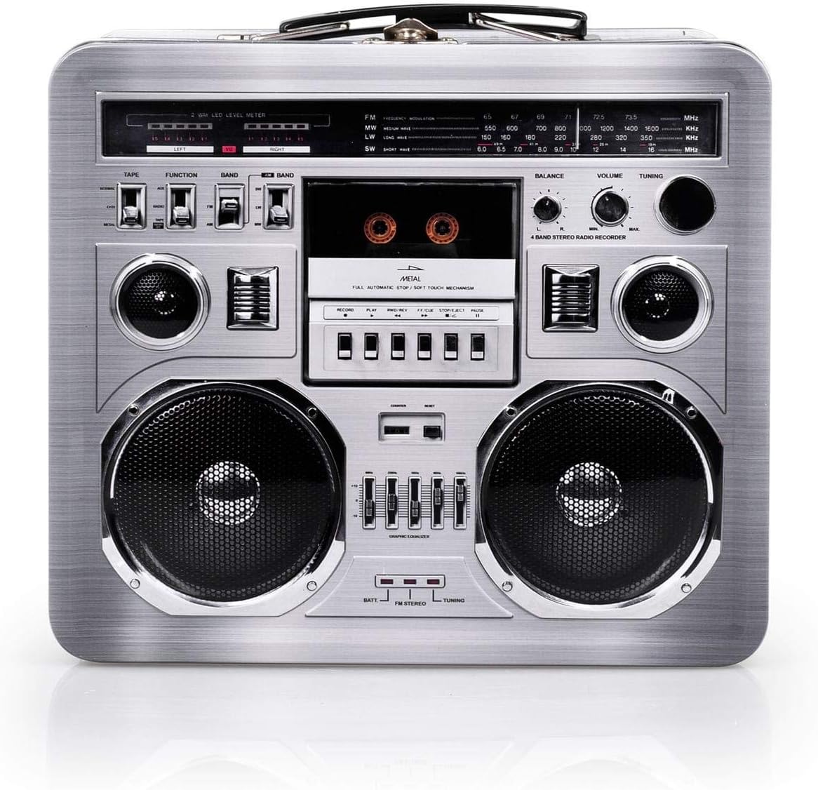 Retro Boombox Radio Lunchbox Tin Tote - 1980s Inspired Merchandise - Novelty Costume Accessories And Storage Container - Fun Unique Gifts for Halloween, Birthdays, Holidays, Graduation Multicolor