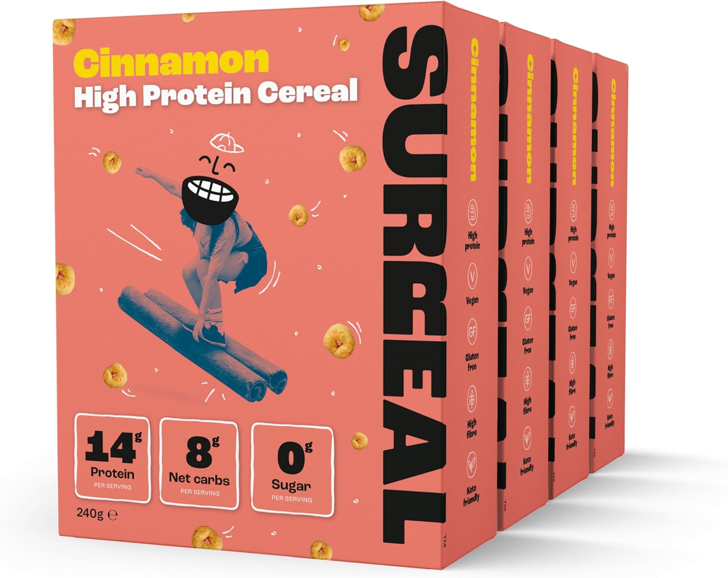 Surreal Cinnamon - High Protein Keto Cereal - 0g Sugar- Healthy Plant Based Cereal - High in Fibre- Low Carb - Gluten Free - Vegan - 14g of Protein - 240g per Box - 4 Pack (4 x Cinnamon)