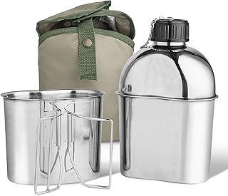 Stainless Steel Military Canteen 1.2QT Portable Army Water Bottle with 0.6QT Cup & Sleeves for Camping Hiking Climbing and Most Outdoor Activities