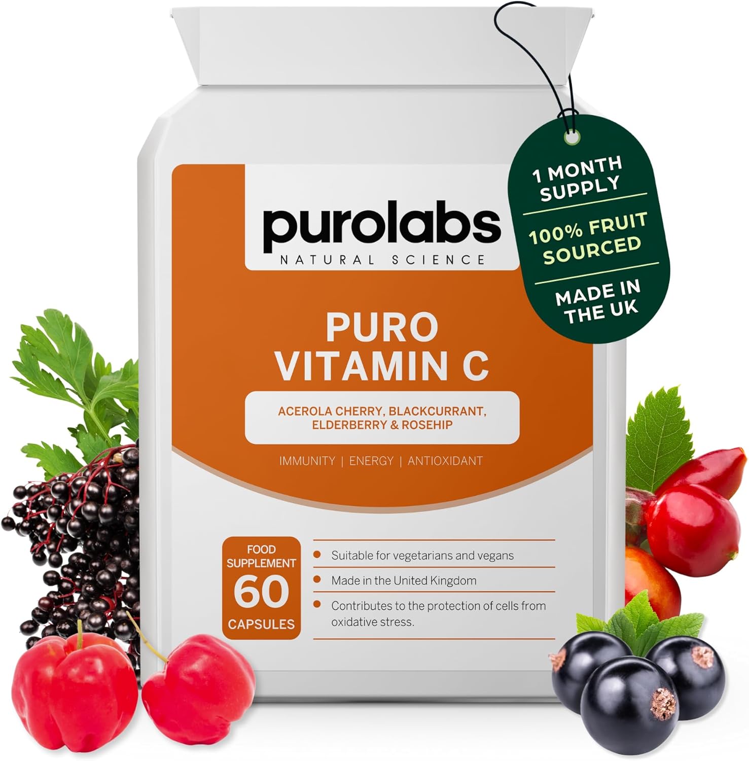 Purolabs Wholefood Vitamin C Supplement - Natural Complex from Acerola Cherry, Rosehip, Blackcurrant & Elderberry - High Strength Immune Support - 60 Capsules - Vegan