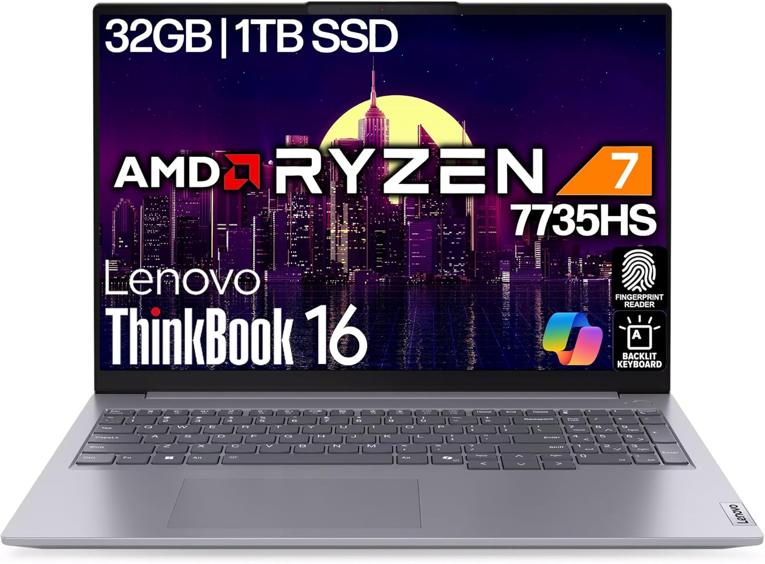 Lenovo ThinkBook 16 Gen 7 16" FHD IPS Display, AMD Ryzen 7 7735HS (Beat Ultra 7 255U), 32GB DDR5 RAM, 1TB NVMe, Backlit Keyboard, Fingerprint, WiFi 6E + BT, RJ-45, Win 11 Pro, AI Business Laptop