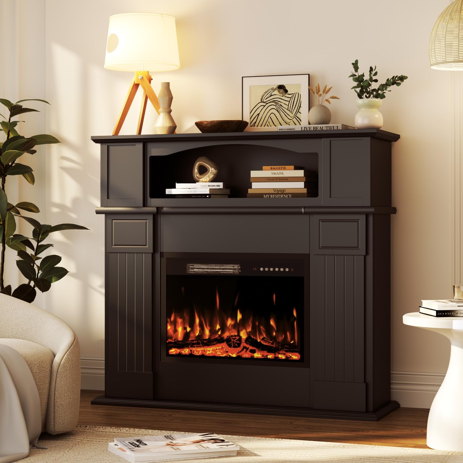 43" Electric Fireplace with Mantel, Wooden Black Electric Fireplace Surround with Mantel, Freestanding Faux 23" Fireplace Insert for Living Room with Remote Control, Adjustment 3D Led Flame