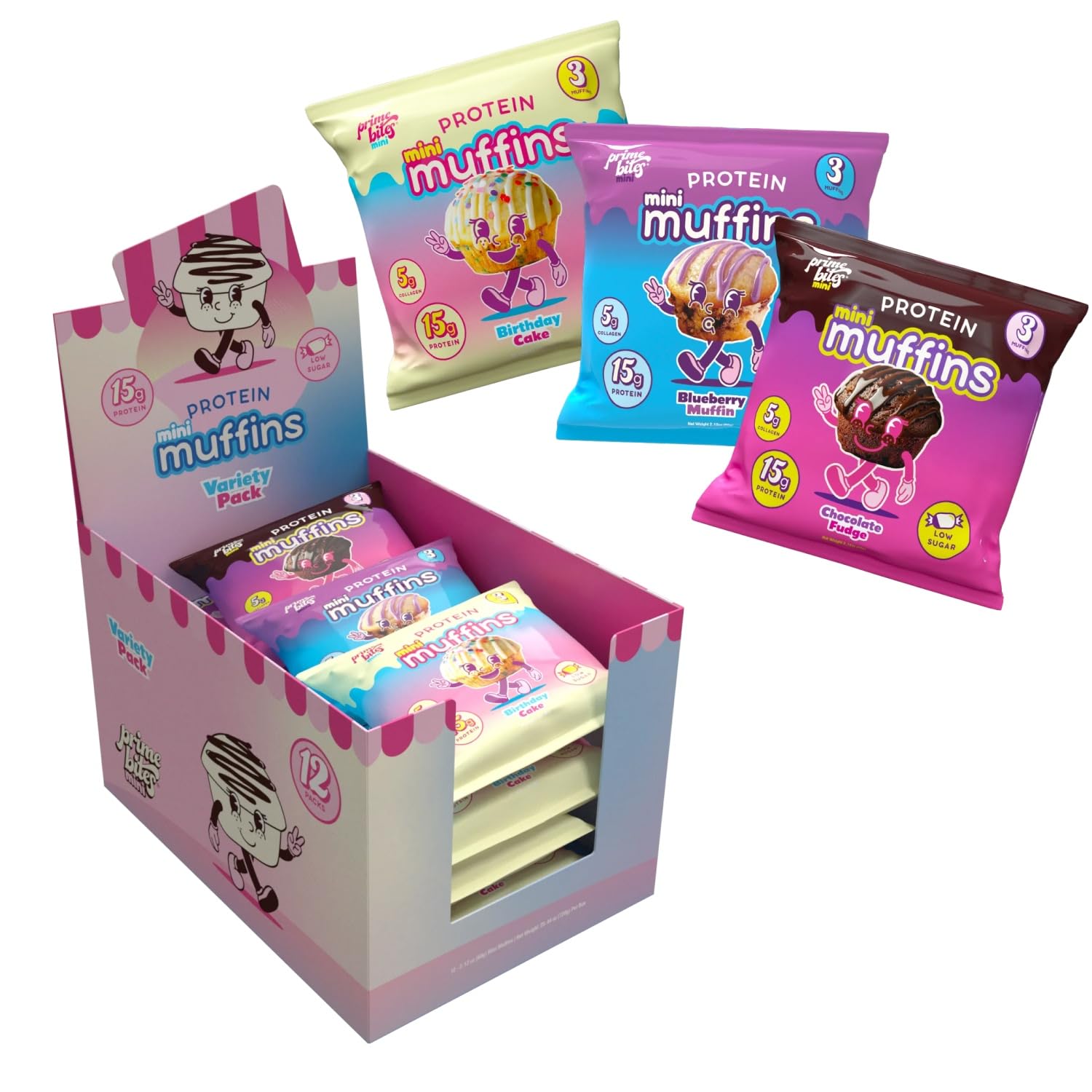 Prime Bites Minis | Protein Mini Muffins from Alpha Prime Supplements | High Protein, Collagen Fortified Low Sugar Treat | Delicious Snack | 12 Packs per Box - Variety Pack