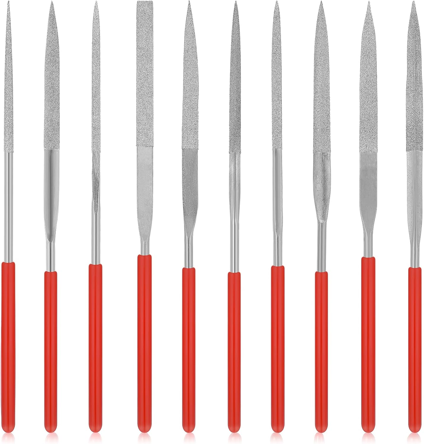 Thinp 10 Pcs Diamond Needle File Set, Mini Modelling Files Round Triangular Square Flat Shape Precision Diamond Files Tools Mini Metal File for Jewelers Glass Wood Carving Craft (4 x 140mm)