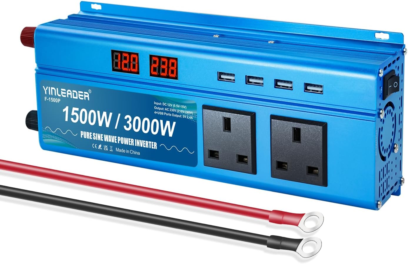 Yinleader Pure Sine Wave Power Inverter 1500W /3000W DC 12v to 240v to AC Voltage Converter With Dual UK Sokets 4 USB Ports LED Voltage Display for Car Camping Caravan Travel