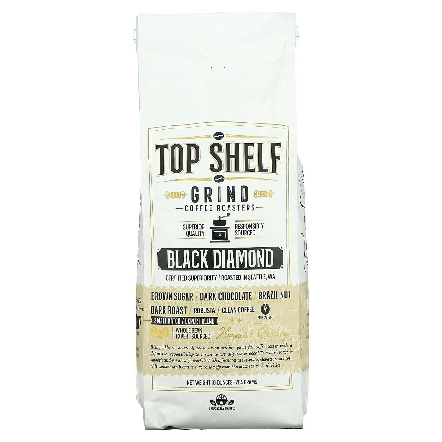 The Best High Caffeine Dark Roast Whole Bean Black Coffee, Extra Strong Gourmet Columbian Clean Coffee Beans by Top Shelf Grind Company | Worlds Strongest Black Roasted Java | Seattles Purity Culture