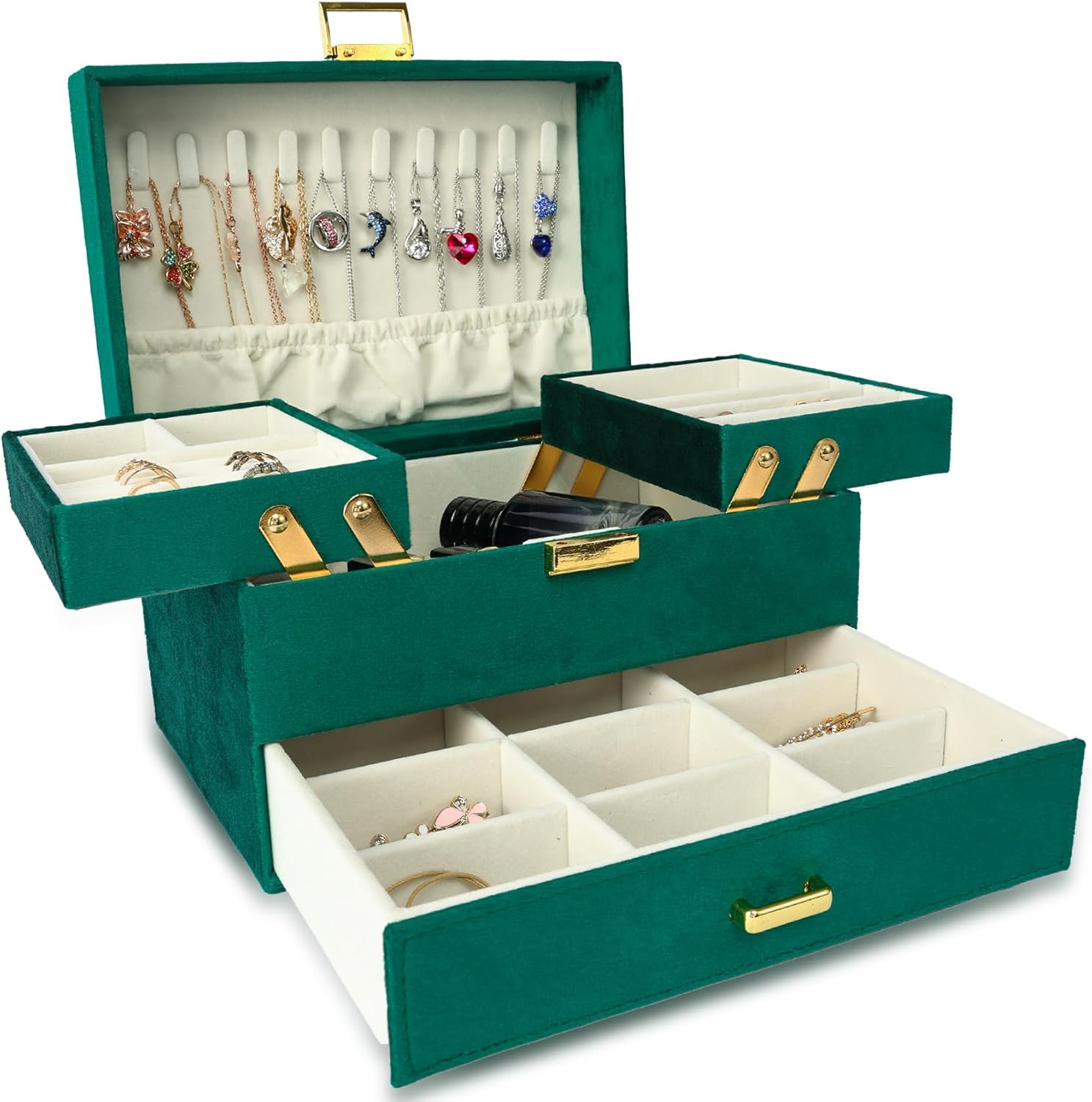 Dajasan Jewellery Box for Women Girls, Large Jewellery Organiser Box, 3 Layers Velvet Jewellery Storage Box for Friends Mother Wife (Green)