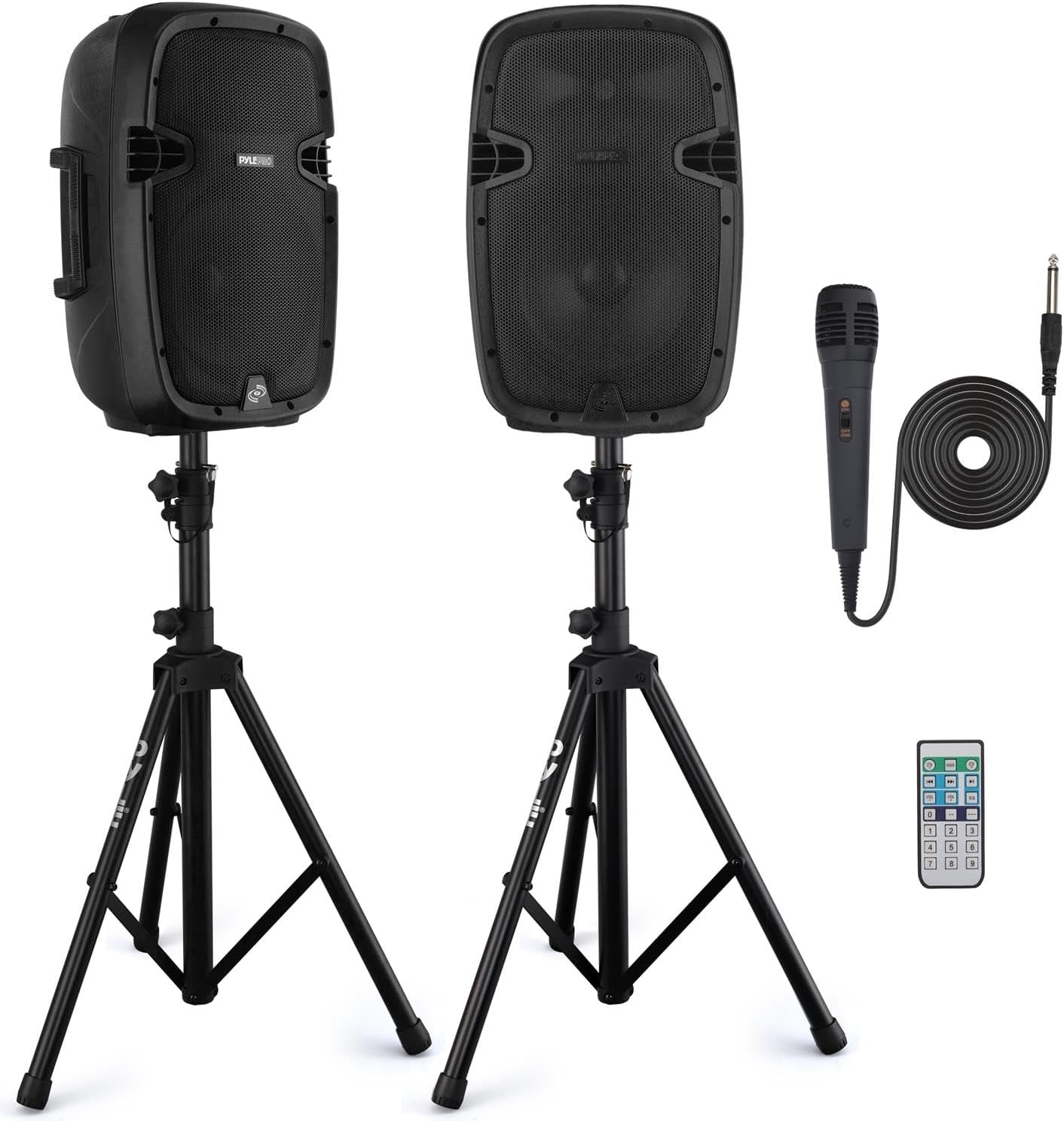Pyle Wireless Portable PA system - 1000W High Powered Bluetooth Compatible Active + Passive Pair Outdoor Sound Speakers w/ USB SD MP3 AUX - 35mm Mount, 2 Stand, Microphone, Remote - Pyle PPHP1049KT