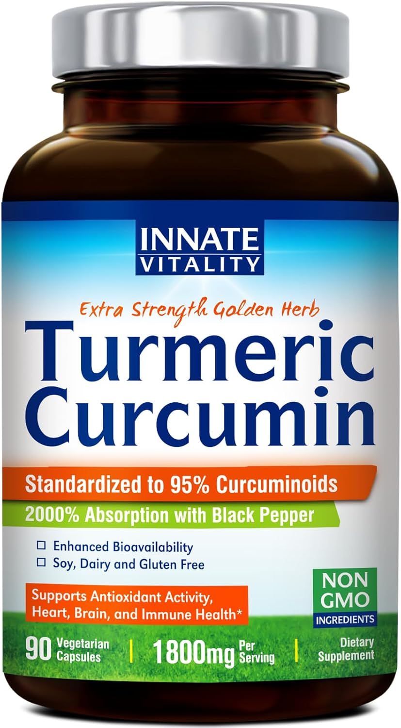 Innate Vitality Turmeric Curcumin Supplement 1800mg with Black Pepper 95% Curcuminoids, Extra Strength & Enhanced Absorption, Movement Support, Healthy Inflammatory Response, Antioxidant, 90 Caps