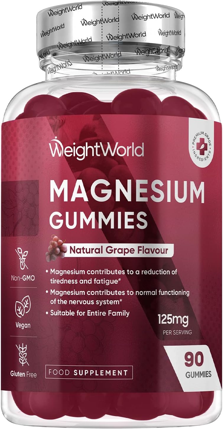 Magnesium Gummies | 90 Vegan Gummies | 125mg Magnesium Supplements | 45 Days Supply | Natural Grape Flavour | Gluten-Free