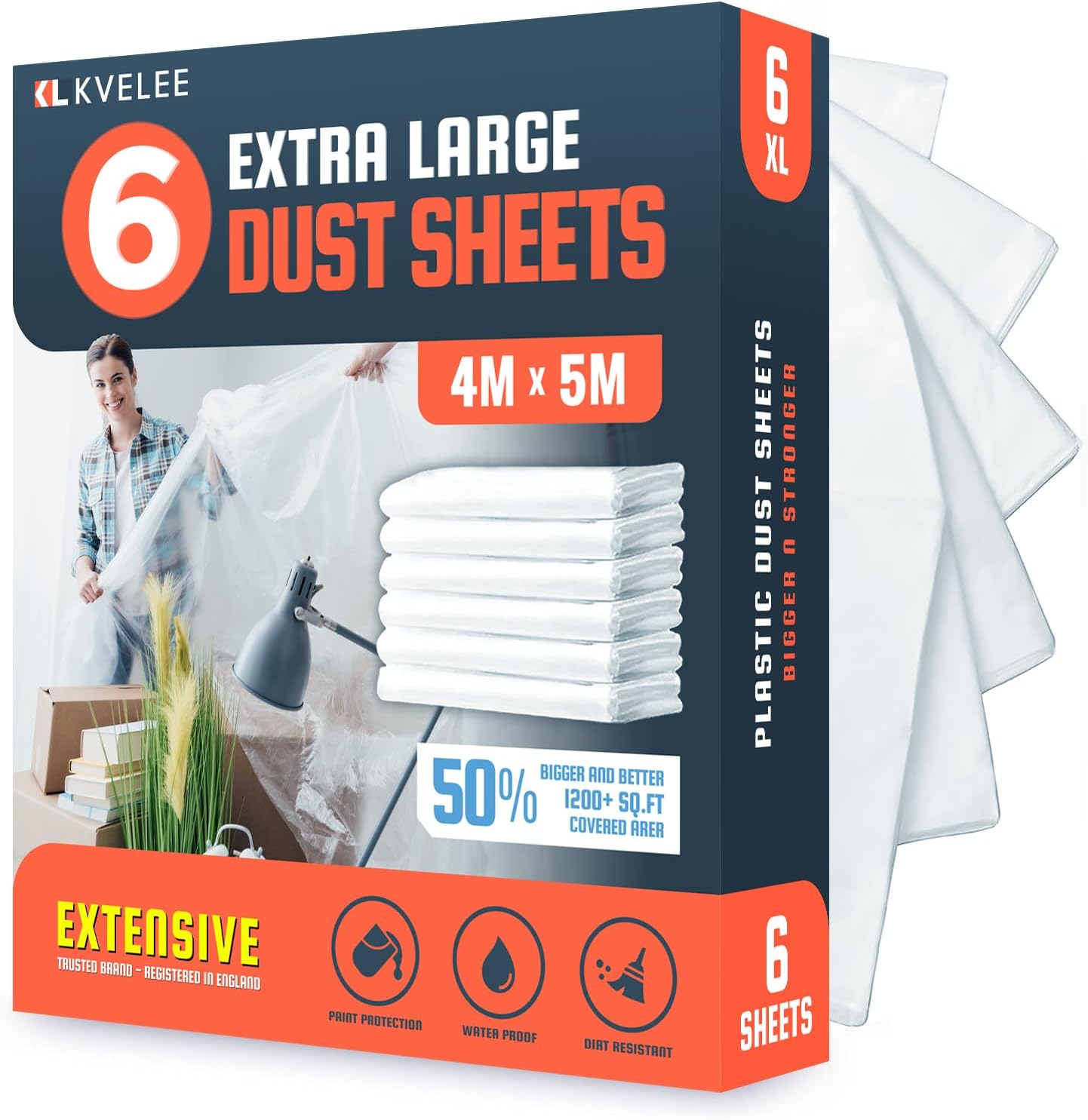 KVELEE - 6 Pack Extra Large Plastic Dust Sheets for Decorating, 4 x 5m (13 x 16ft), Clear Plastic Sheet for Furniture & Floor Protection, Waterproof Plastic Sheeting for Painting & Covering