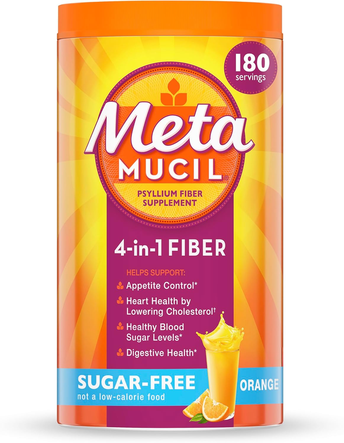 Metamucil 4-in-1 Psyllium Husk GLP-1 Friendly Fiber Supplement, Sugar-Free, 180 teaspoons, Orange Flavored, Daily Fiber Powder for Digestive Health, made with Plant-Based Psyllium Husk Fiber