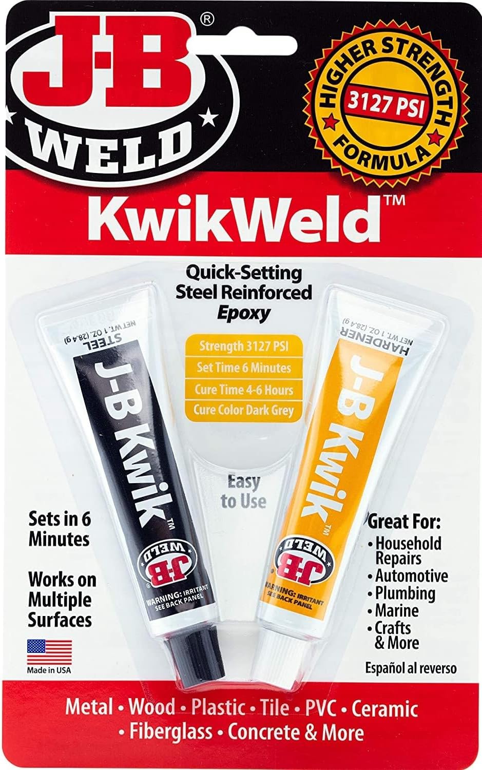J-B Weld 8276 Kwikweld Twin Tube Quick Setting Steel Reinforced 2 Part Epoxy adhesive for Repair, Dark Grey, Two 1 oz tubes