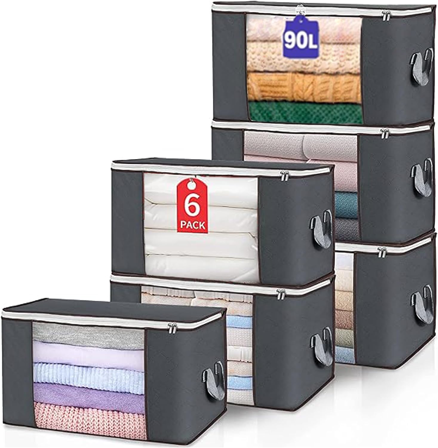 Clothes Storage Bags, 6 Pack 90L Large Capacity with Reinforced Handles, Thick Non-Woven Fabric Storage Bags, Organizer For Clothes, Blankets, Bedding With Zip And Clear Window Gray Color