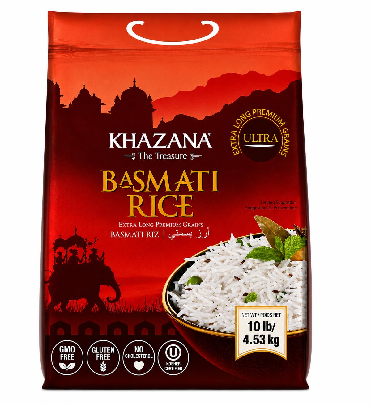 Authentic Extra Long Basmati Rice by Khazana in 10 lb Bag - Aromatic and Flavorful Indian Grain - Non-GMO, Gluten Free, Kosher, Cholesterol Free