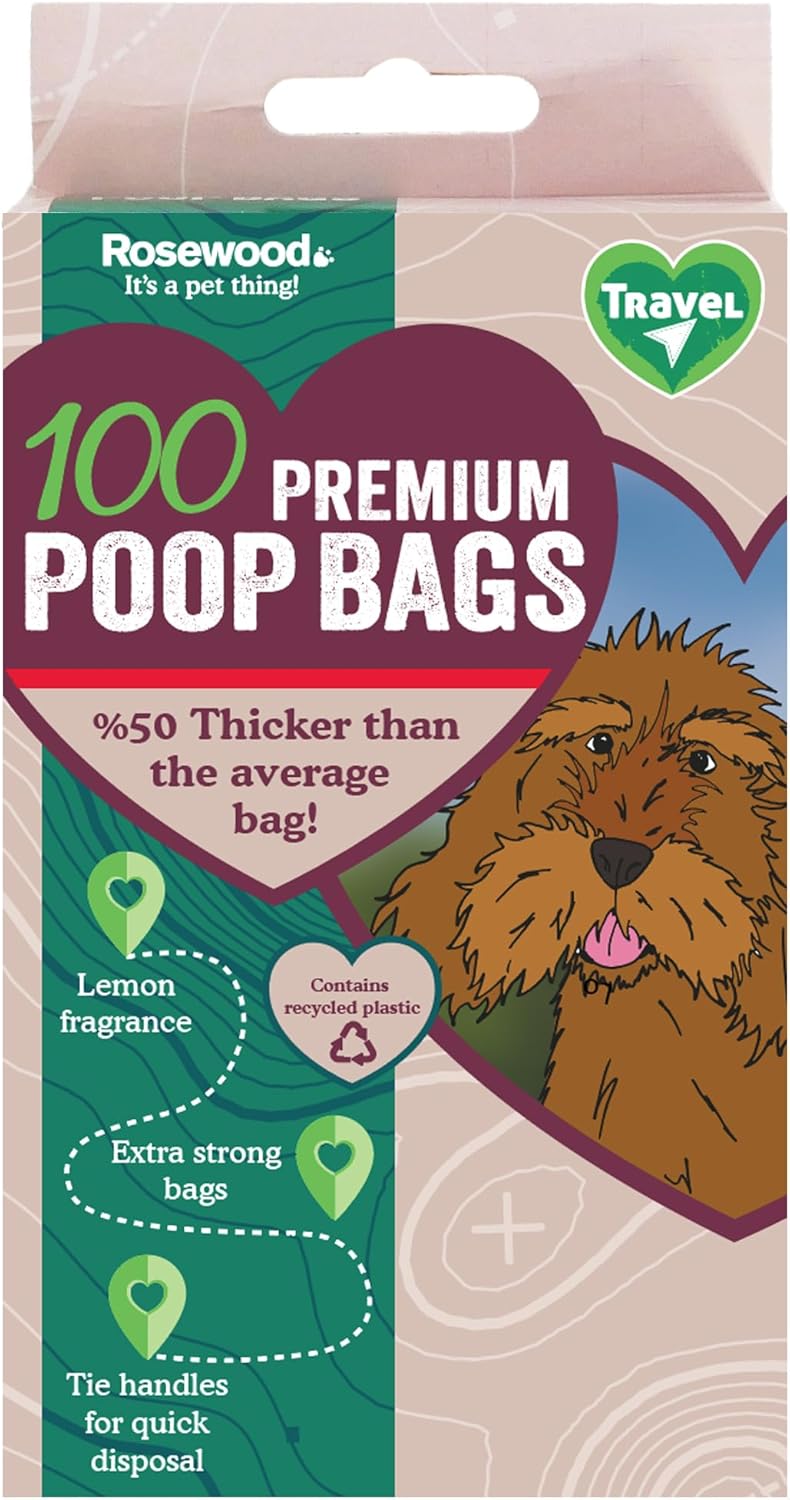 Rosewood Dog Poo Bags with Handles - 100 Easy Clean-Up Poop Bags, Loose Packed Dog Waste Bags with Tie Handles, Lightly Scented, Black