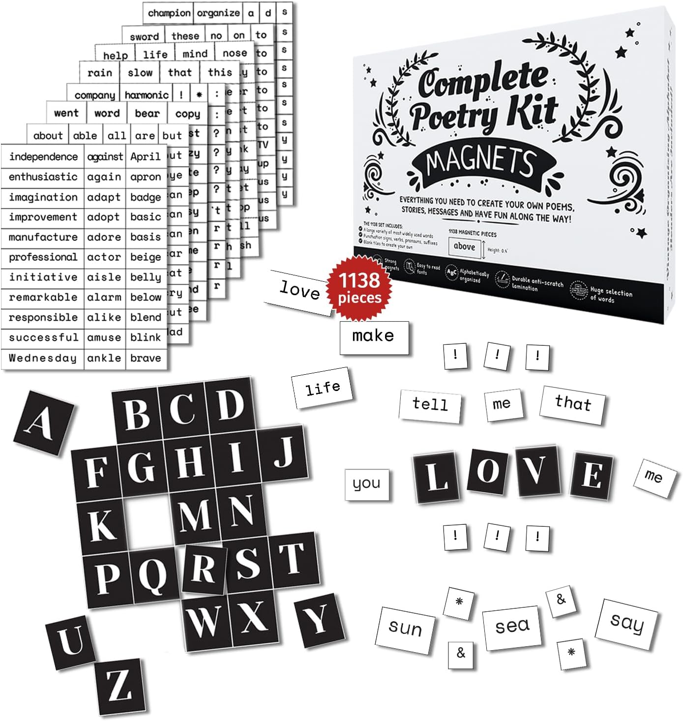 1138 PCS Complete Poetry Magnets Kit, Word Magnets for Fridge, Poem Magnets, Word Fridge Magnets, Sentence Building, Sentence Magnets to Write Poems, Stories, Conversations - Simply Magic