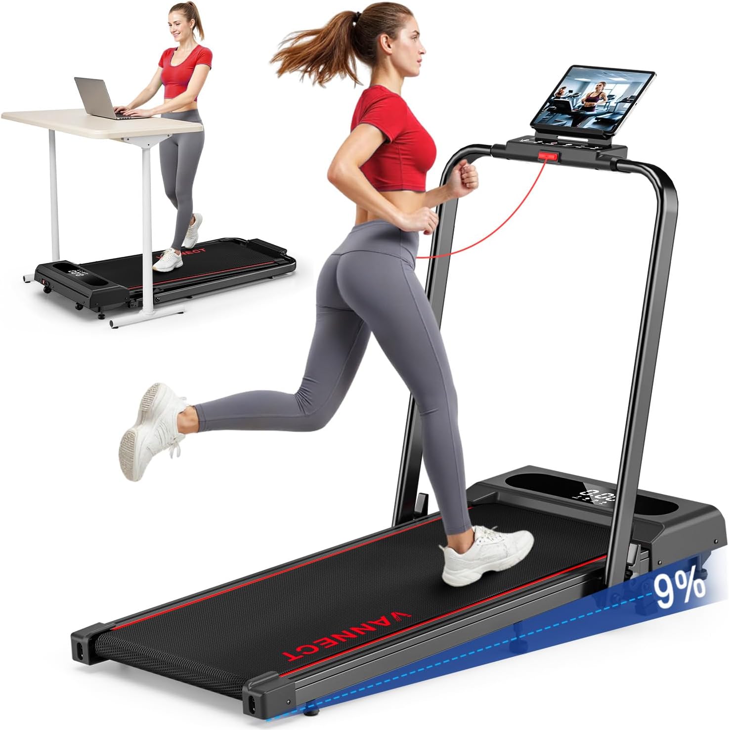 6 in 1 Folding Treadmill with 12KM/H, 9% Incline Walking Pad Foldable with APP, 2.75HP Under Desk Treadmills for Home Office, Running Machine Portable with Magnetic Remote Control, 350LBS Weight