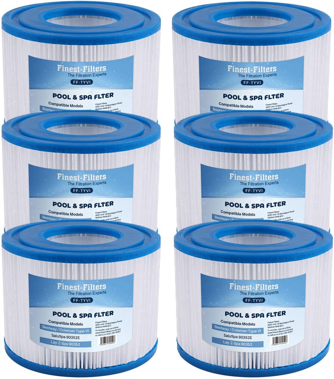 Finest-Filters Hot Tub Spa Water Filter Cartridges Compatible For Lay-Z-Spa, SaluSpa 90352E, Intex Type VI, Bestway (6 Pack of Replacement Hot Tub Water Filter Cartridges)