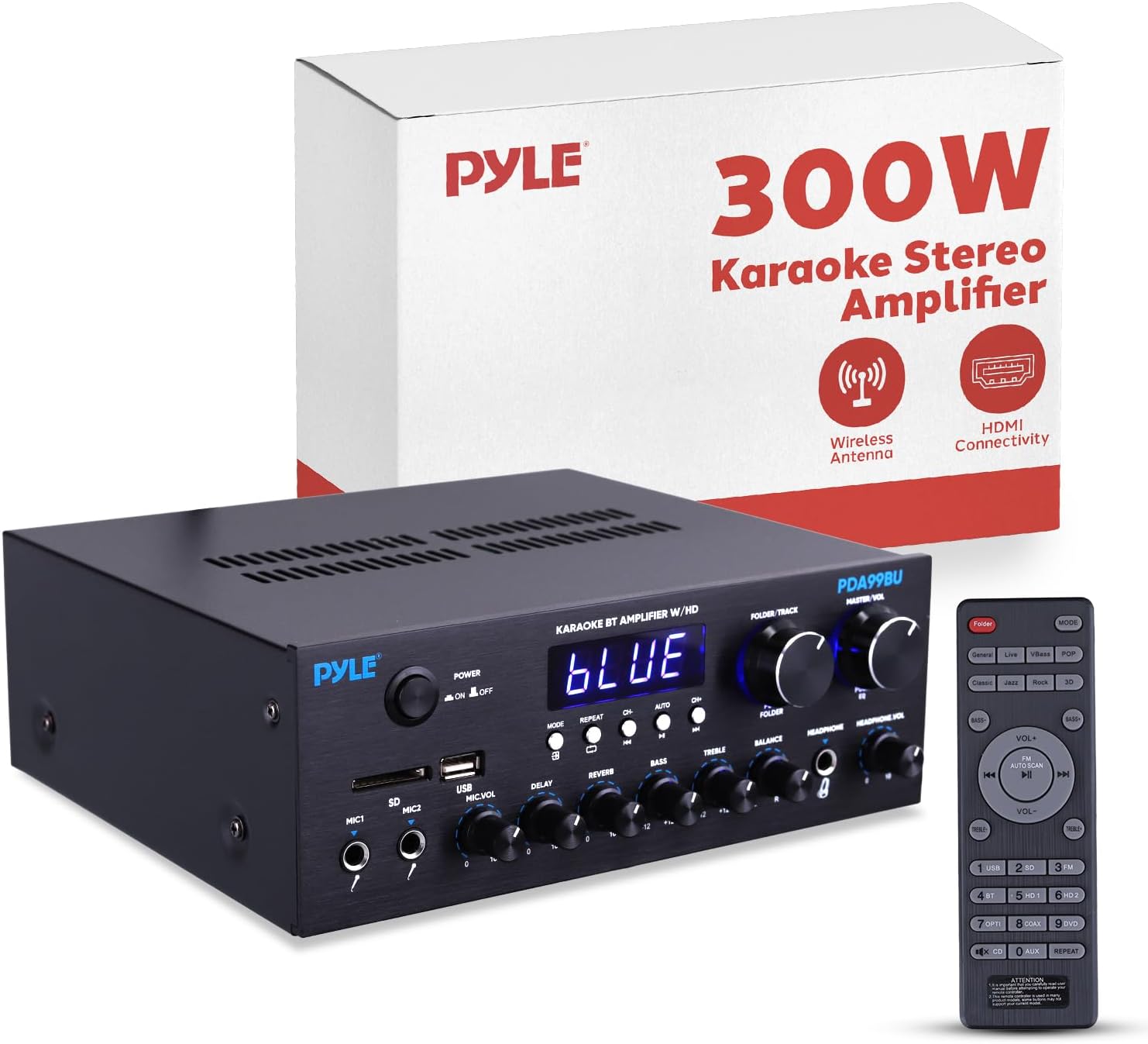 Pyle Wireless Bluetooth Streaming Amplifier, 300W Multi Channel Home Audio Receiver with Hi Def in/Out, Optical/Coaxial, FM Radio, USB/SD, AUX, RCA, Mic in, and BT/FM Antenna
