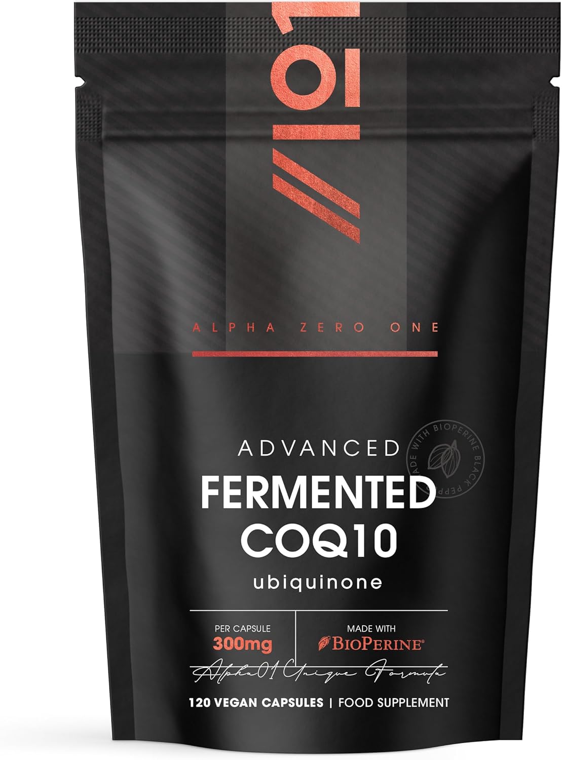 Fermented CoQ10 with BioPerine® 300mg – 120 Vegan Capsules – USP Grade Ubiquinone – Naturally Fermented Co Enzyme Q10 – Resealable and Recyclable Pouch by Alpha01